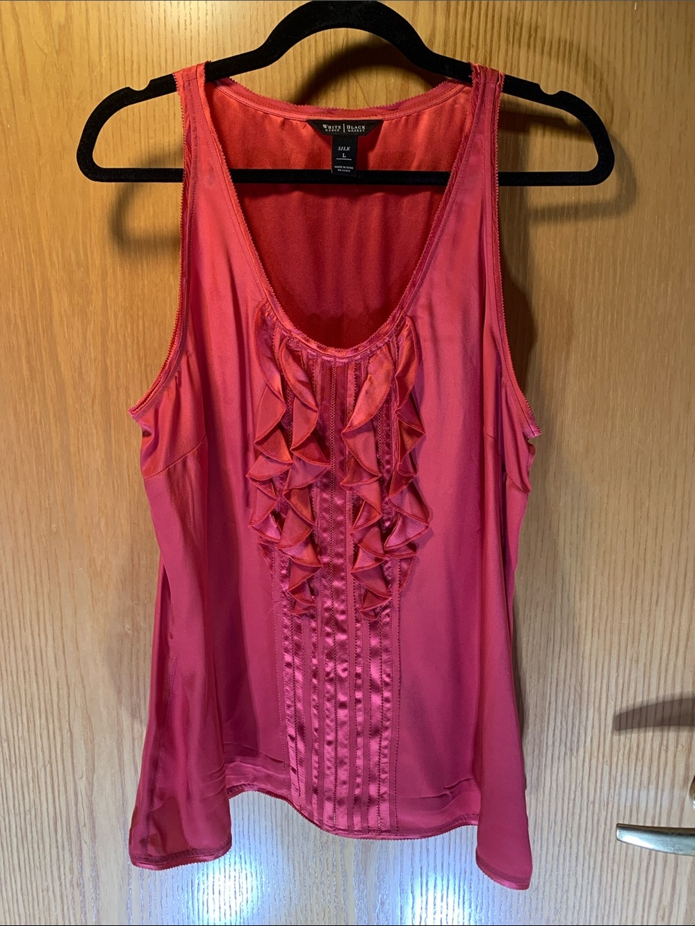 White House Black Market 100% Silk Red Ruffle Front Sleeveless Top - Size L